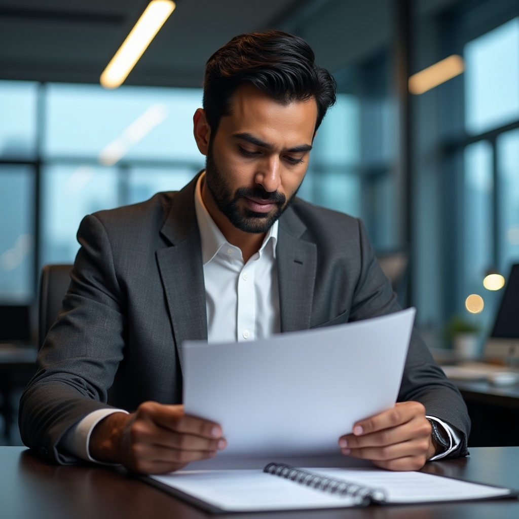 Professionista che esamina documento rilegato su scrivania moderna